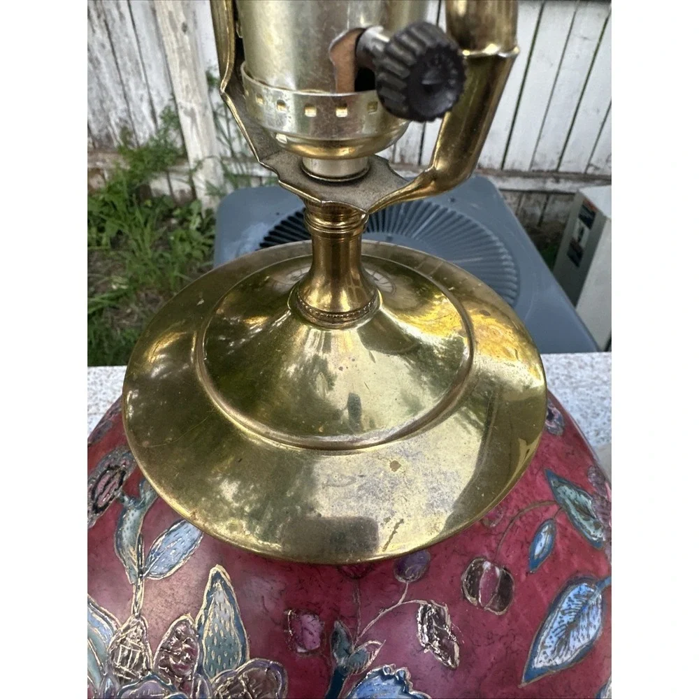 Vintage Cranberry Red Floral Enamel Glass Table Lamp – 26